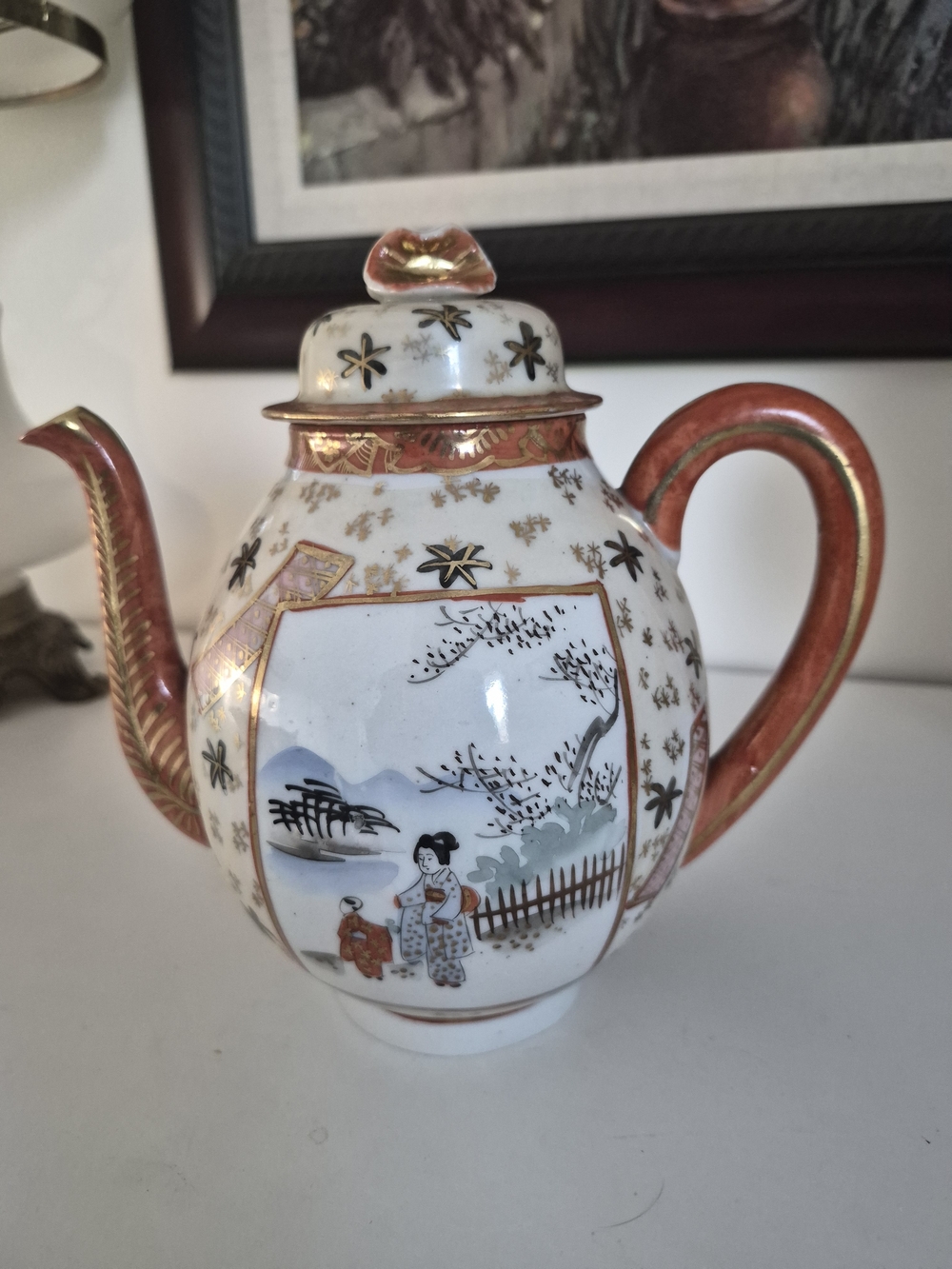 Vintage Porcelain Teapot with Red and Gold Accents